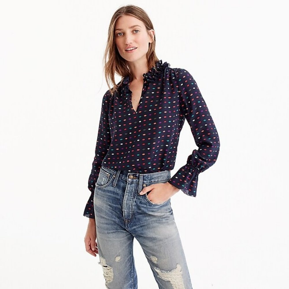 J.Crew Ruffle-Neck Silk Top in Lips Print sz 8